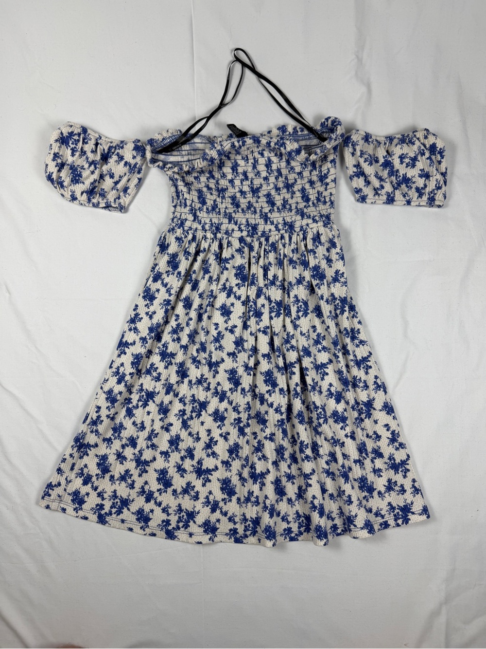 Forever 21 Blue Floral Smocked Off Shoulder Puff Sleeve Mini Dress